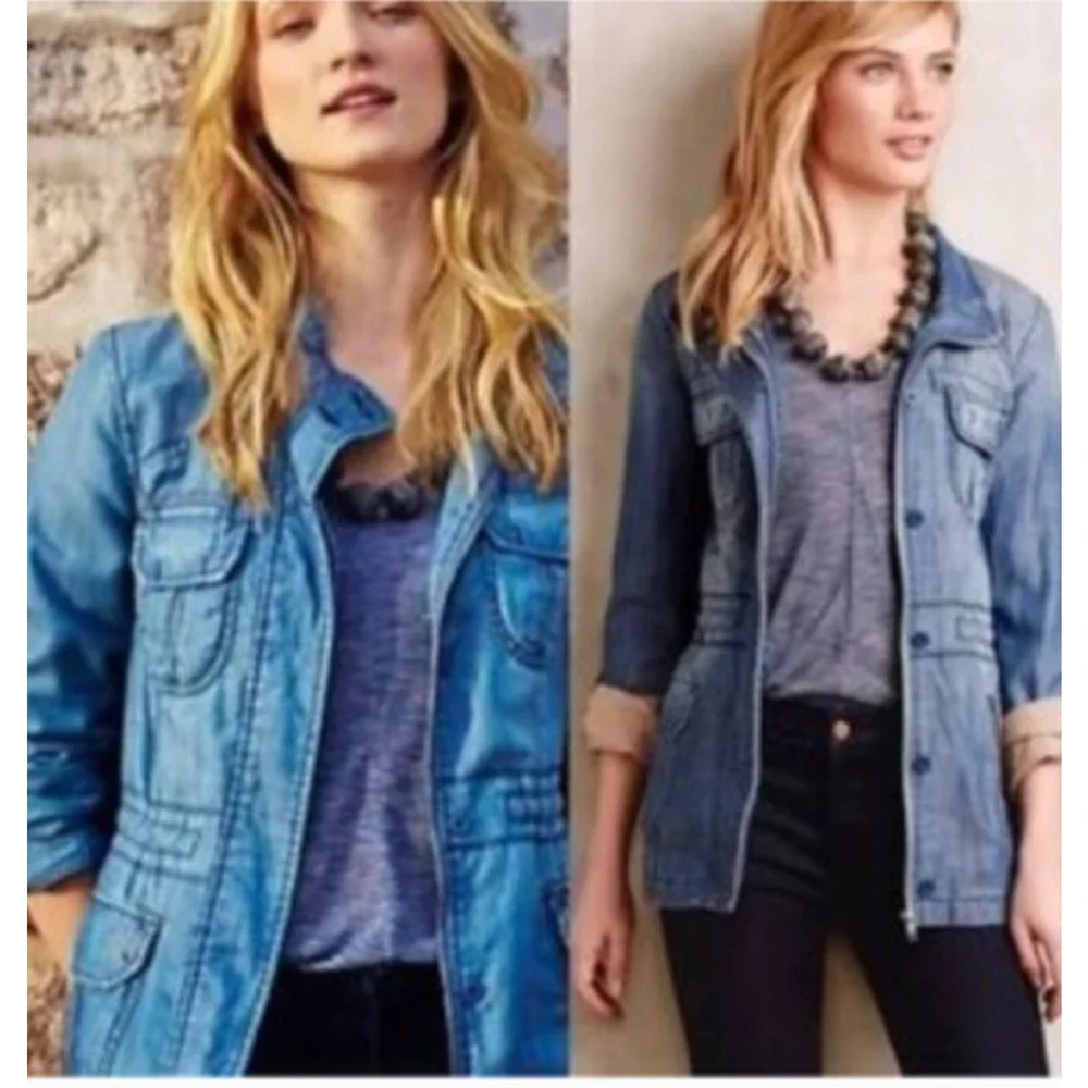 Anthropology Marrakech Denim Lyocell Utility Jacket XS Blue Jean Pockets Boho
